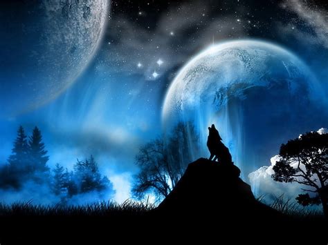 HD wallpaper: wolf, fantasy art, Moon, animals, night, red, sky, mammal ...