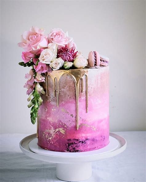 HOORAY! | Cake | Party Cake | Pink Ombre Cake Inspo | Florals | Rose Cake | Dripping Gold | Gold ...