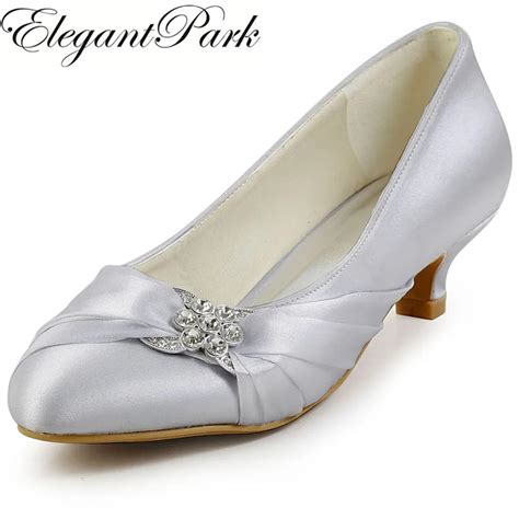 Silver Woman low heel wedding bridal shoes round toe rhinestone satin ...