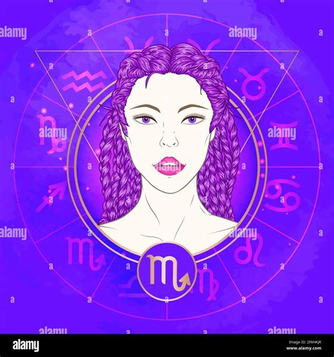 Vector illustration of Scorpio zodiac sign and portrait beautiful girl on abstract background ...