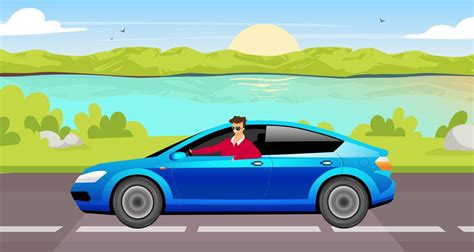 Young man driving sedan flat color vector illustration. Happy driver in blue car 2D cartoon ...