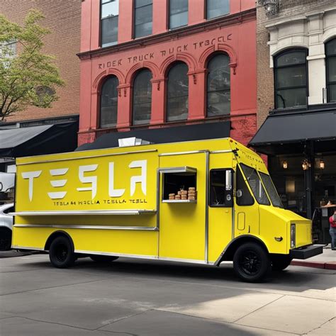 (TESLA:1.2) (tesla truck:1.2) (food truck:2.2) (serving food to people on the street:1.2 ...