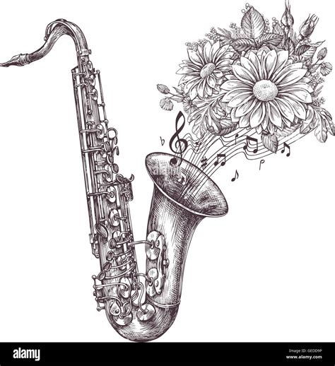 Jazz music. Hand-drawn sketch a saxophone, sax and flowers. Vector illustration Stock Vector ...