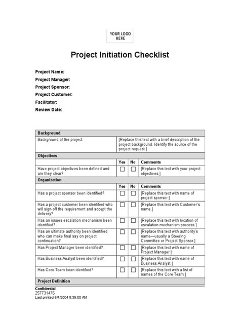 Project Initiation Checklist | Project Management | Risk