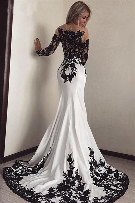 Prom Dresses uk,White Black Lace Appliques Mermaid Long Sleeves Satin ...