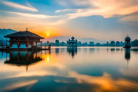 Premium Photo | A temple on the lake at sunset