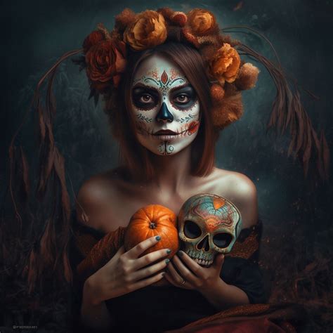day of the dead with pumpkin, in the style of reylia...