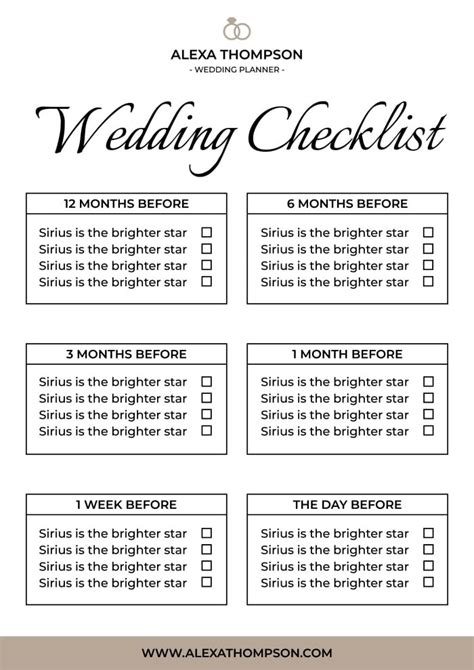 Customize this Simple Alexa Thompson Wedding Planner Checklist ready ...