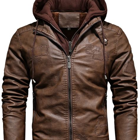 Men's Removable Hooded Pu Leather Jacket Retro Slim Fit Zipper Fleece Jacket Gifts | Shop Now ...