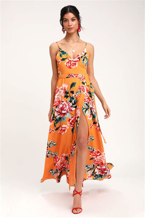 Chic Orange Floral Print Dress - Wrap Dress - Orange Maxi Dress - Lulus