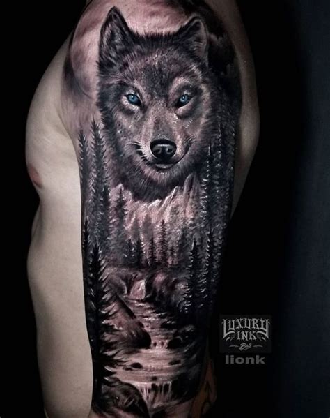 Wolf tattoo, half sleeve, shoulder, scenery, forest, moon, mountains, trees, waterfall | Half ...