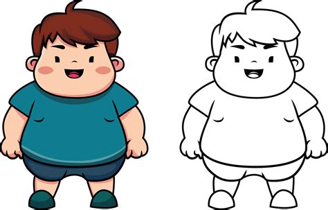 Fat kid cartoon vector illustration, happy obese boy cartoon character colored and black and ...