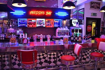 bar interior, american diner, red chairs, cafe, restaurant, red, table, chair, nobody, style ...