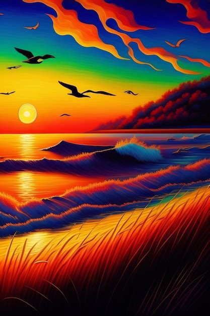 Premium Photo | A painting of a beach with a sunset and birds flying ...