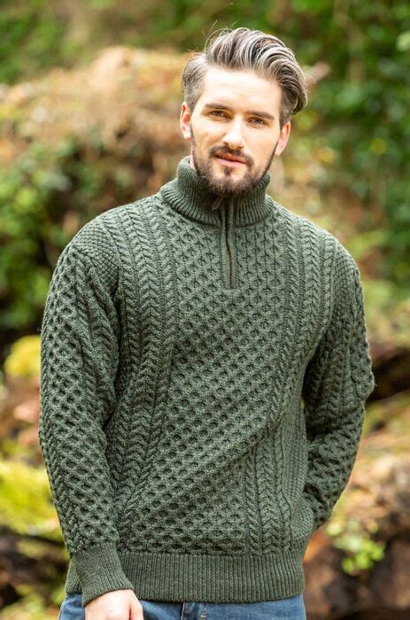 Mens Aran Half Zip Neck Sweater Green | The Sweater Shop