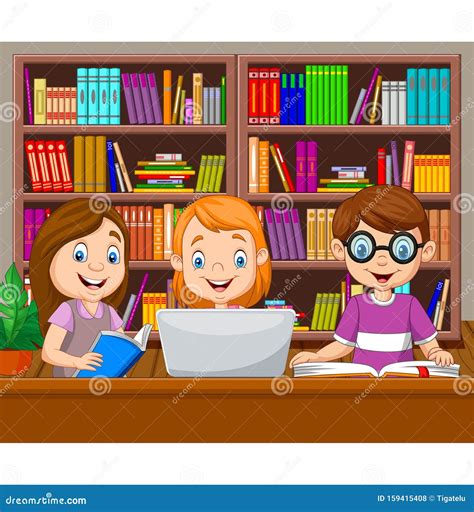 Cartoon Kids Studying in the Library Stock Vector - Illustration of cartoon, little: 159415408