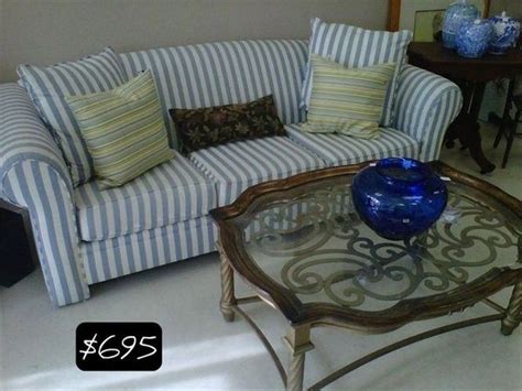 Blue and white linen textured, stripe Ralph Lauren sofa ~ Ralph Lauren designer sofa in PERFECT ...