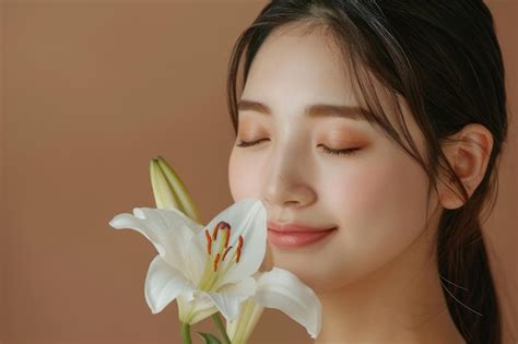 Premium Photo | Asian woman smiling with lily flower against brown ...