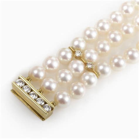 Mikimoto Three Row Pearl Diamond Gold Bracelet at 1stDibs | mikimoto triple strand pearl ...