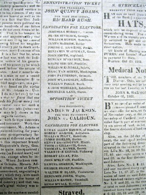 Rare 1828 WARREN Ohio newspaper PRESIDENTIAL ELECTION Jackson vs J ...