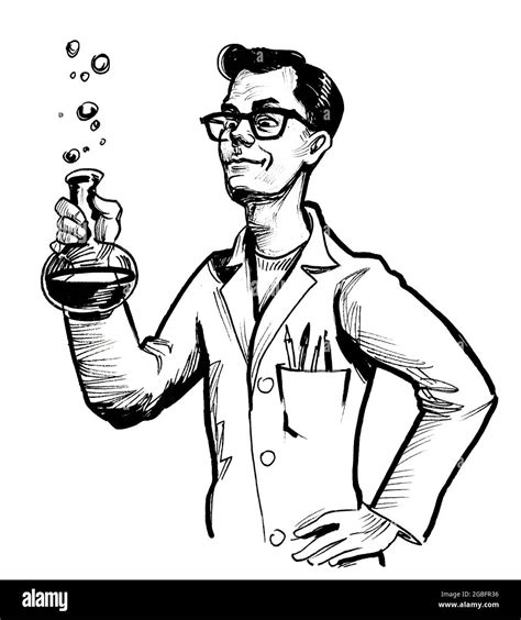 Chemical scientist character. ink black and white drawing Stock Photo - Alamy