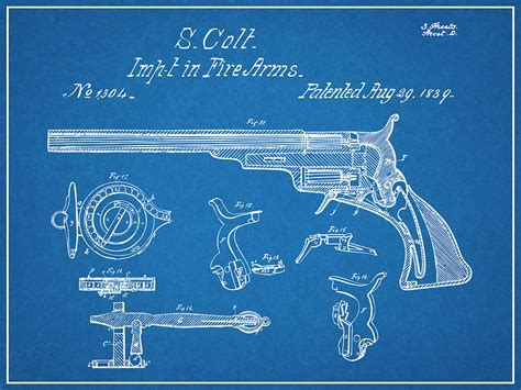 1839 Samuel Colt Paterson Holster Model Revolver Patent Print Blueprint Drawing by Greg Edwards ...