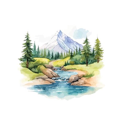 Premium Vector | Mountain landscape with river watercolor illustration