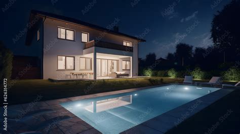 modern luxury house with a swimming pool at night, neural network generated image Stock Photo ...