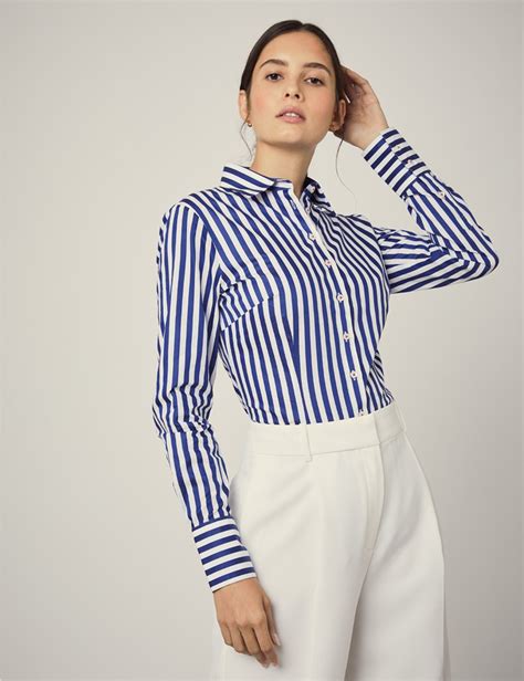 Women's Blue And White Striped Shirt Outfit – ADDICFASHION