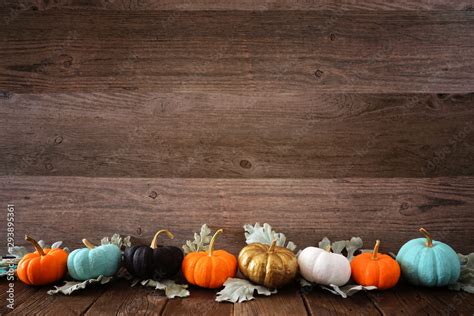 Fall border of colorful pumpkins and silver leaves against a rustic ...