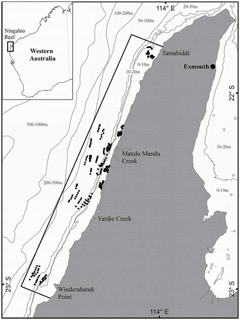 Map of Western Australia showing the location of Ningaloo Reef. The ...