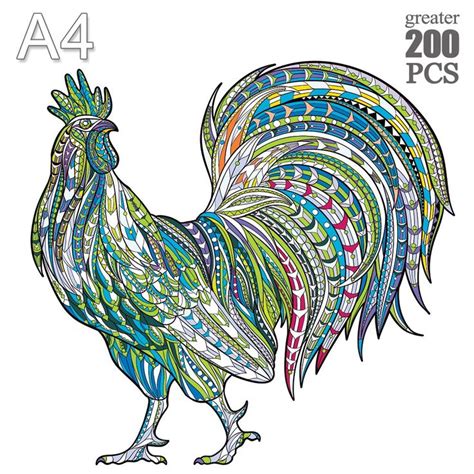 a drawing of a colorful rooster on a white background with lots of lines and colors