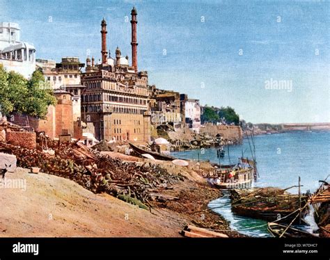 The river Ganges and the Burning Ghats at Benares (Varanasi), India ...