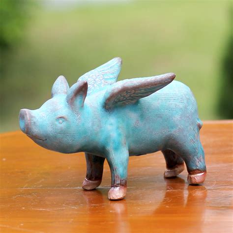 Ceramic Figurine of a Winged Blue Pig from Thailand - Blue Flying Pig | NOVICA