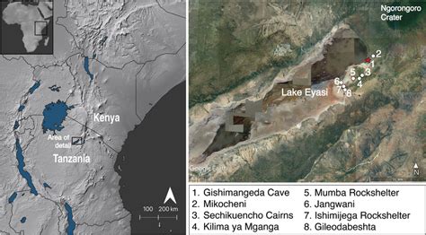 Map of eastern Africa (left) showing the Lake Eyasi area, and detail of... | Download Scientific ...