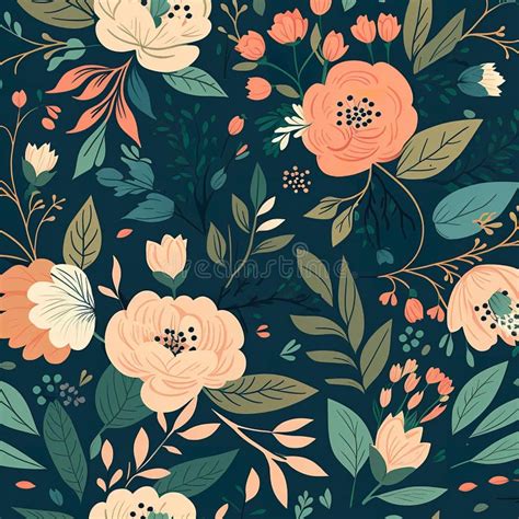 Elegant Dark Floral Pattern with Blooming Flowers and Foliage, AI Generated Stock Illustration ...