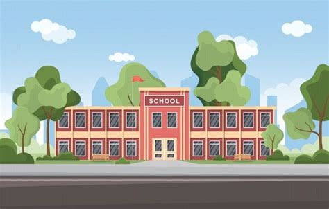 School Education Building Street Outdoor Landscape Cartoon Illustration ...