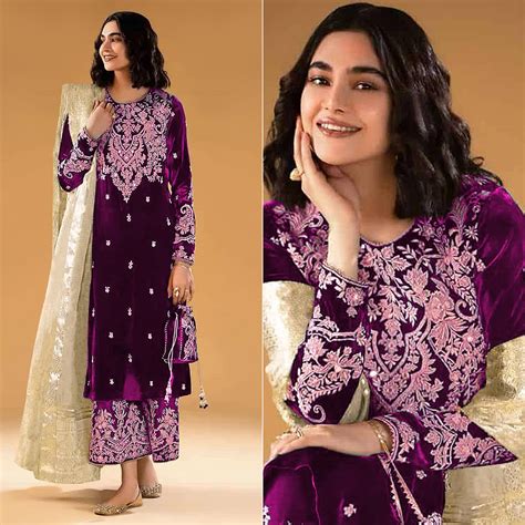 Purple Floral Embroidered Velvet Semi Stitched Suit