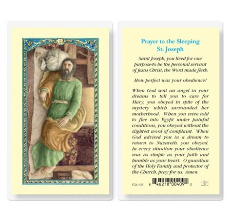 Saint Joseph Sleeping Laminated Holy Card - 25 Pack - Buy Religious Catholic Store