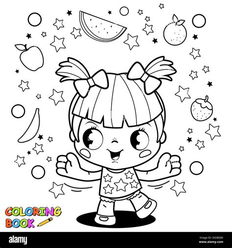 Cute little girl playing with fruit. Black and white coloring page Stock Photo - Alamy