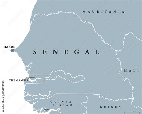 Senegal political map with capital Dakar, international borders and ...