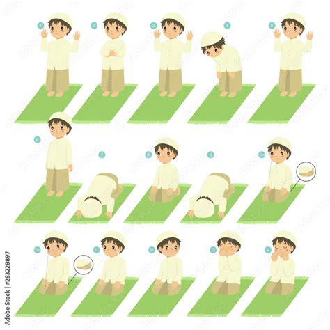 Muslim boy perform prayer or salat steps. Islamic prayer or salat guide ...