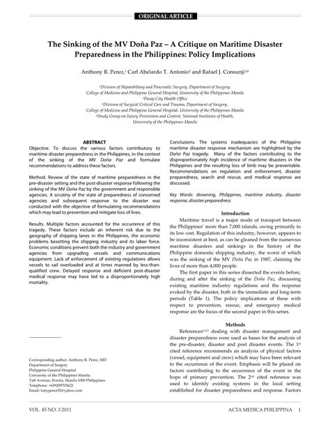 (PDF) THE SINKING OF THE DOÑA PAZ – A CRITIQUE ON MARITIME DISASTER ...