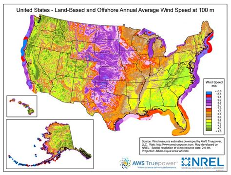 United States - Land Based and Offshore Annual Average Wind Speed at ...