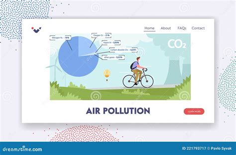 Air Pollution Landing Page Template. Male Character in Mask Riding Bicycle at Huge Pie Chart ...