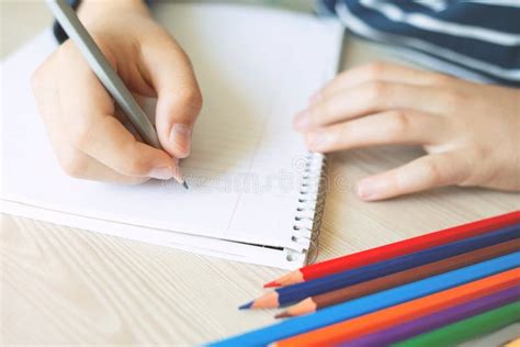 Kid Holding Pencil and Writing. Stock Image - Image of person, pupil ...