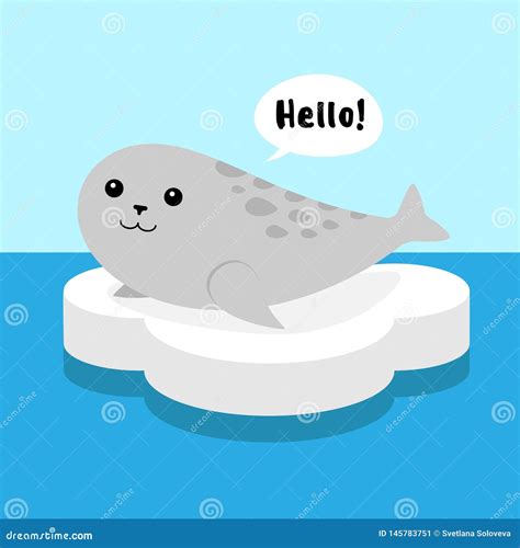 Cute Flat Cartoon Vector Gray Sea Dog Seal Smiling and Saying Hello on the White Ice Stock ...