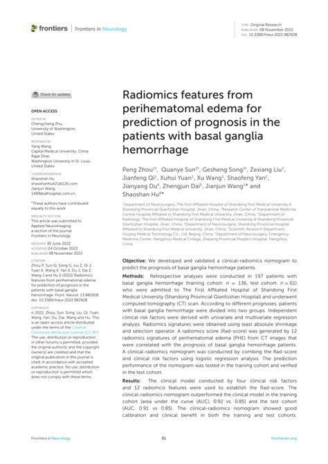 (PDF) Radiomics features from perihematomal edema for prediction of prognosis in the patients ...