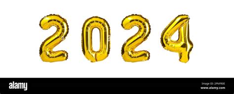 New Year 2024 celebration. Golden Yellow foil color balloons. 2024 balloons. Isolated white ...