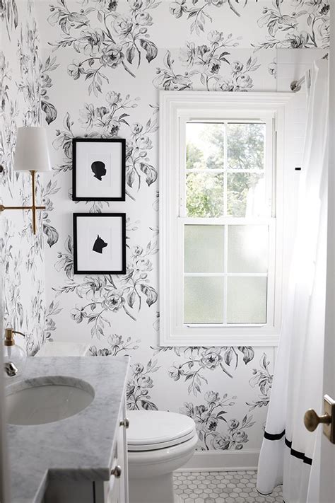 Black and White Bathroom Design with Floral Wallpaper | Floral bathroom ...